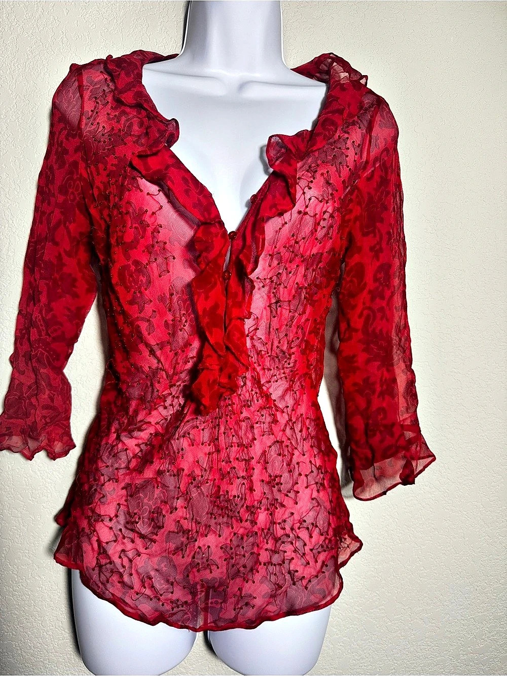 ECI y2k Floral Sheer Blouse in Red Size Medium boho cottagecore feminine